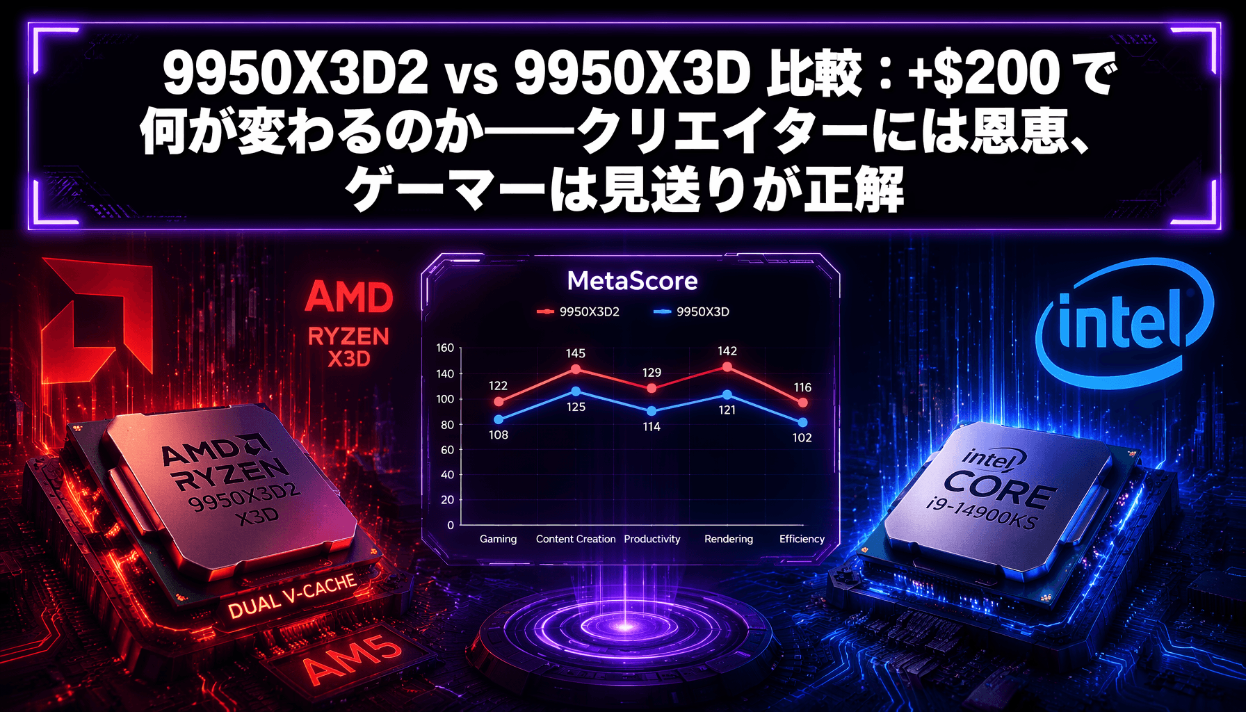 9950X3D2 vs 9950X3D 比較：+$200 で何が変わるのか——クリエイターには恩恵、ゲーマーは見送りが正解