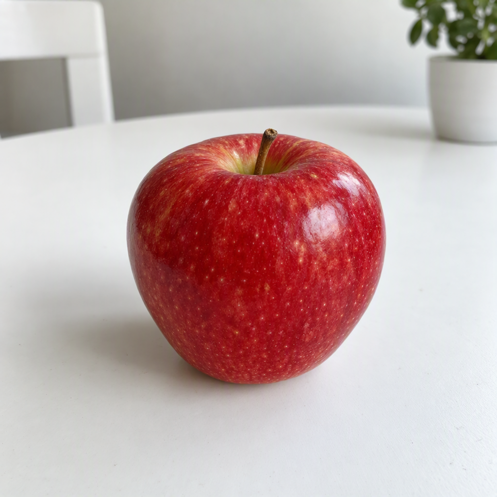 品質優先モデルを最上位の品質設定で生成した、白いテーブルの上の赤いリンゴ