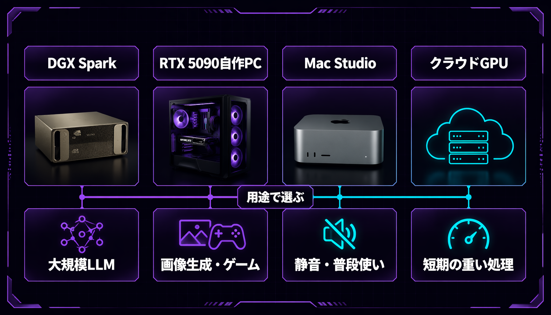 DGX Spark、RTX 5090自作PC、Mac Studio、クラウドGPUを用途別に選び分ける判断マップ