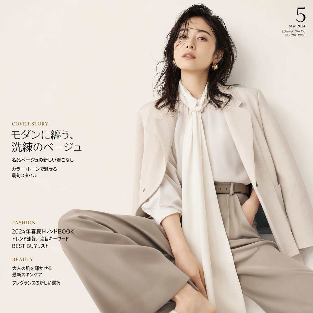 GPT Image 2 - 女性誌表紙（「モダンに纏う、洗練のベージュ。」）