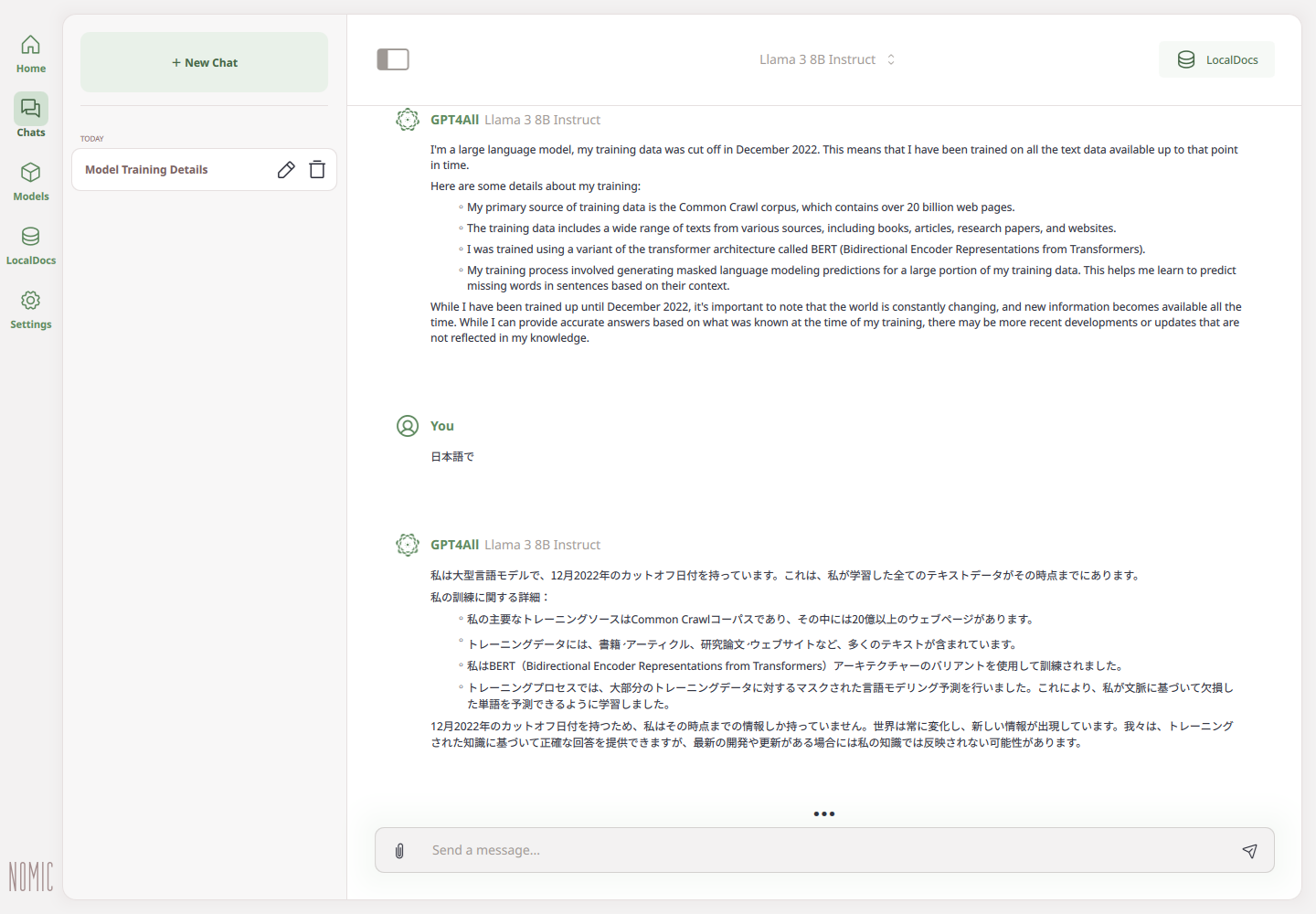 GPT4All チャット画面 — Llama 3 8B Instruct で日本語応答中
