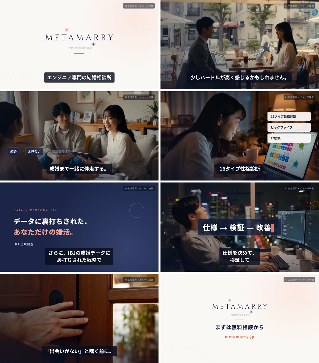 完成した横型動画の8場面を並べた画像。ロゴのオープニング、カフェの二人、面談と3ステップ、診断結果と診断名カード、紺地のキャッチコピー、コードを書くエンジニアと「仕様→検証→改善」、扉をノックする手、無料相談のエンドカード