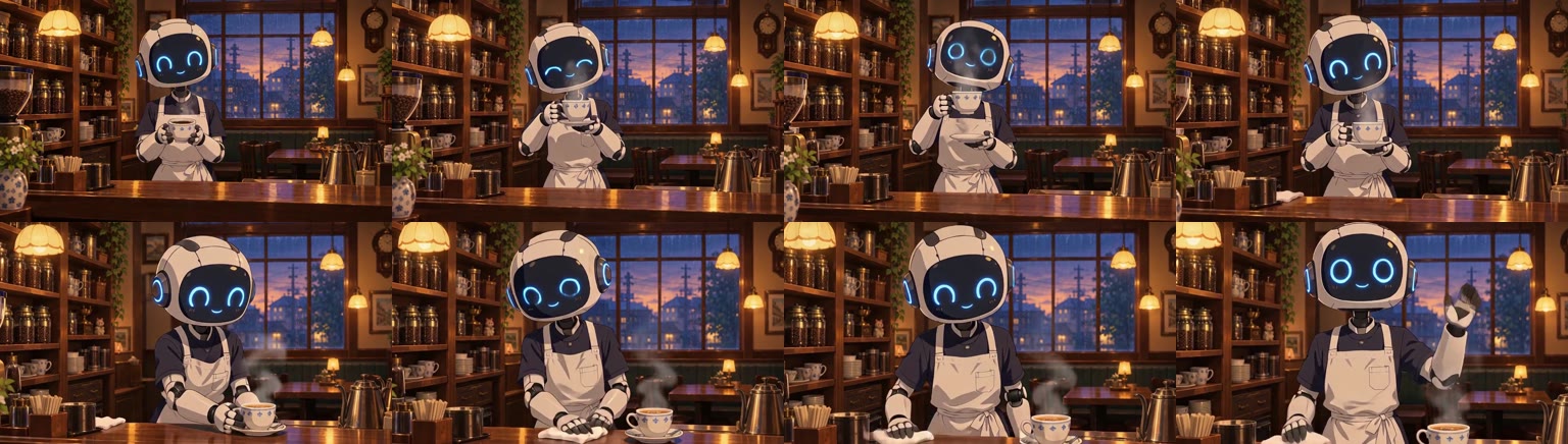 15 秒の動画から約 2 秒おきに取った 8 コマ。ロボット店員がカップを持ち上げ、置き、カウンターを拭き、手を振る