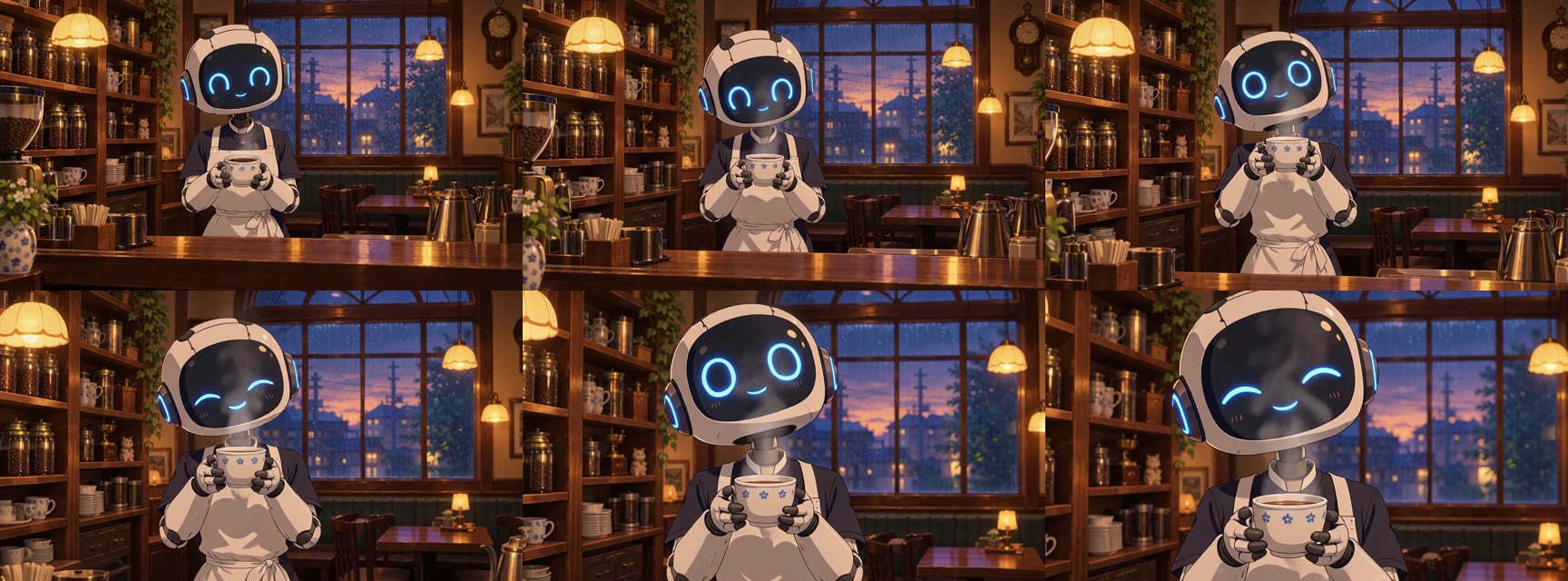 1152×640・SLA ありで生成した動画の 6 コマ。ロボット店員が目を細めて笑い、湯気が立ち上り、カメラが顔に寄っていく