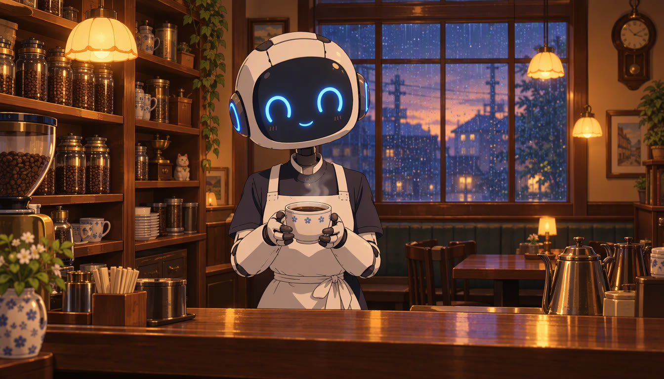 アニメ調のイラスト。雨の夕方の喫茶店で、青く光る目のロボット店員がエプロン姿で湯気の立つコーヒーカップを両手で持っている