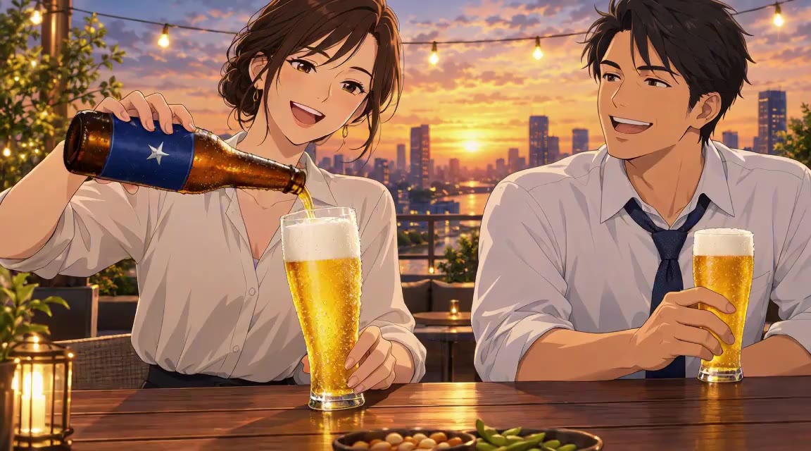 2D アニメの静止画。夕方のルーフトップテラスで、30代の女性が紺色に星マークのラベルの瓶からグラスにビールを注ぎ、隣の男性がほほえんでいる