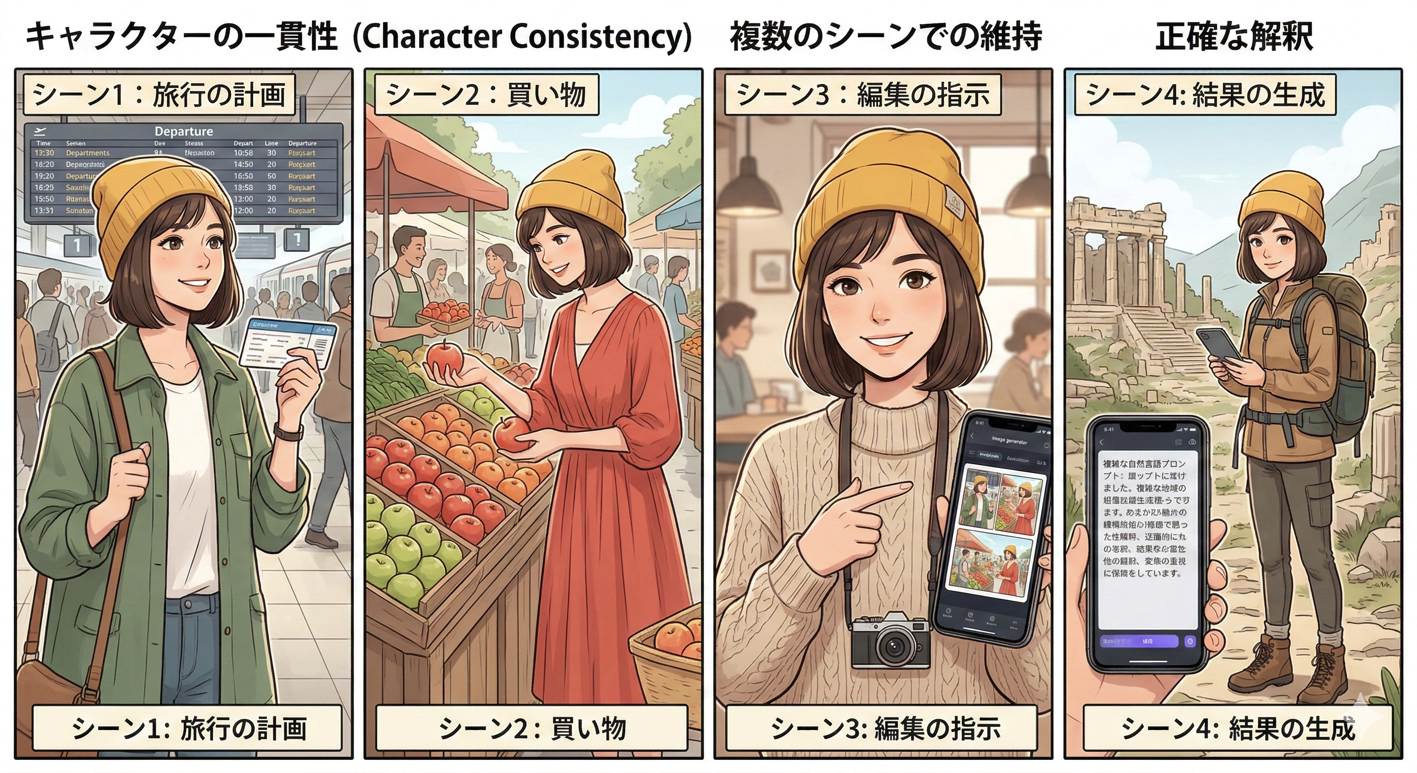 キャラクター一貫性デモ — 4シーン