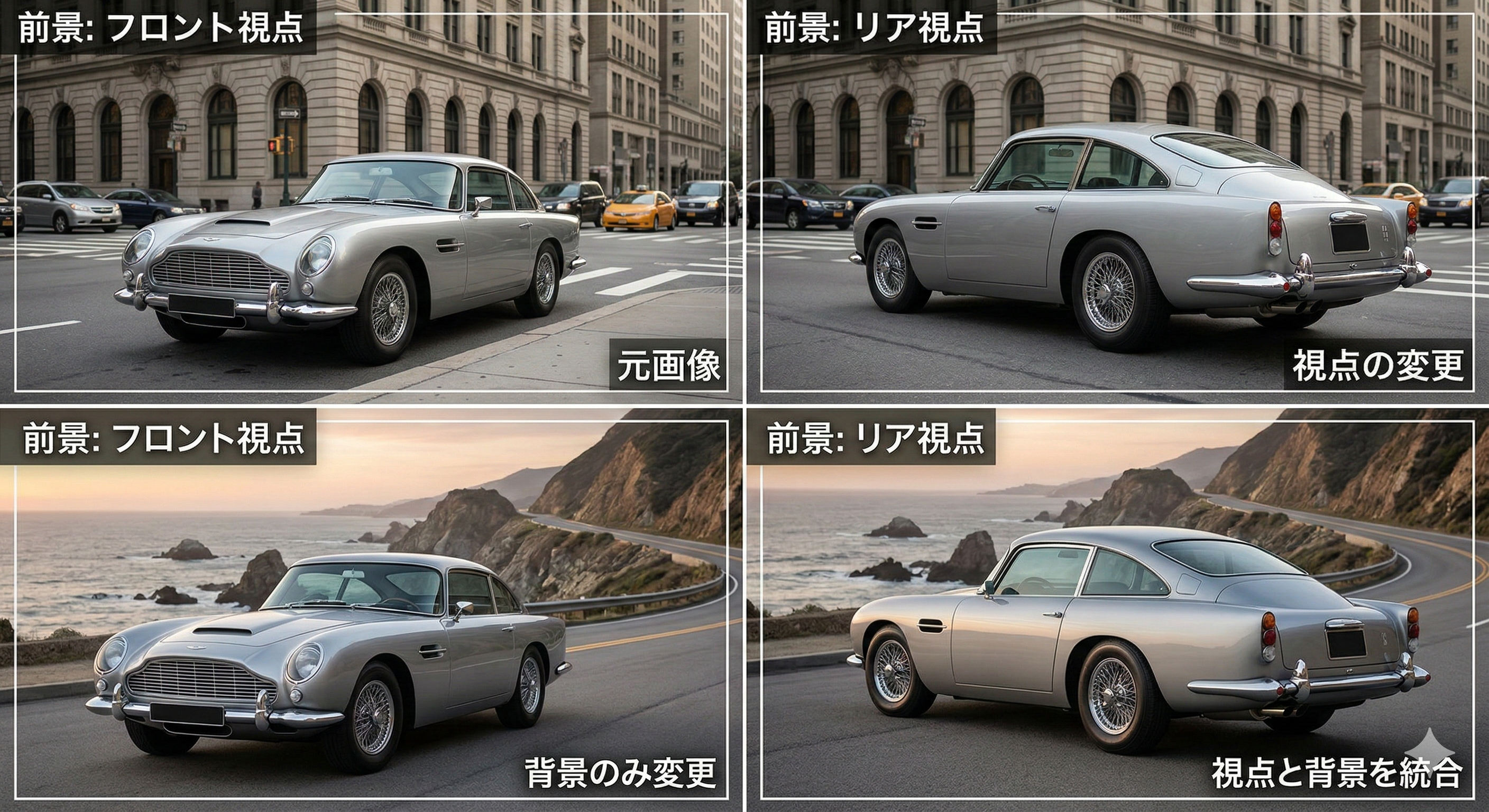車の画像編集デモ — 視点・背景変更