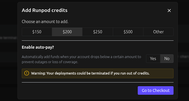 RunPodのクレジット追加画面。$150〜$500の前払い選択とauto-payトグル、残高切れ警告