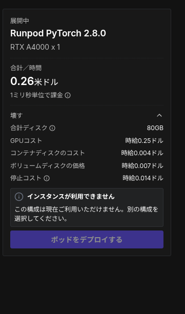 RunPodのデプロイカード。RTX A4000 x1で合計時給0.26ドル、GPU/ディスク/停止コストの内訳表示