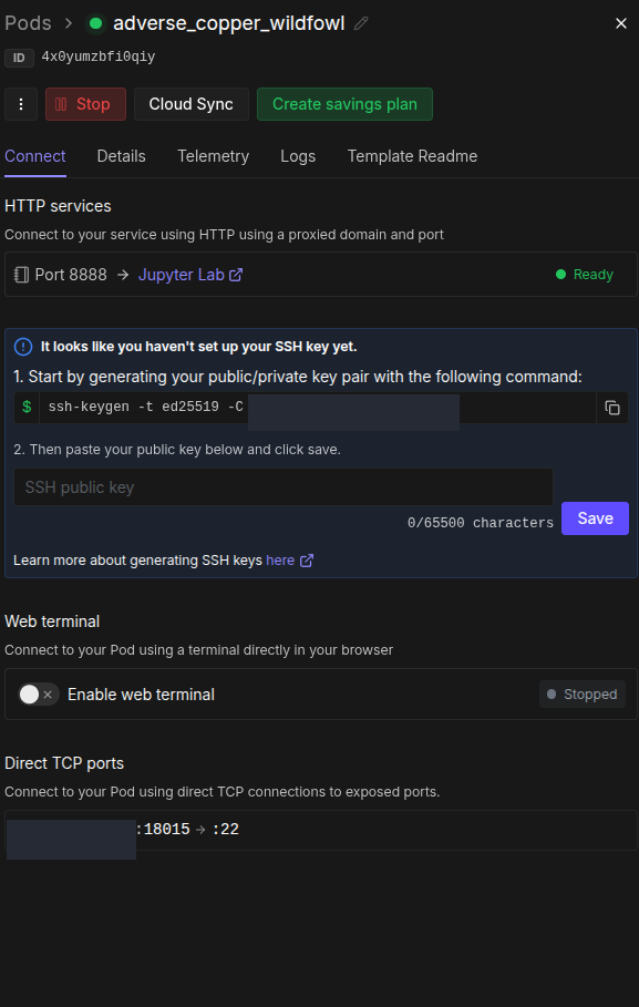 RunPodのPod接続画面。Jupyter Lab・SSH・Web terminal・直TCPの4つの接続経路が並ぶ