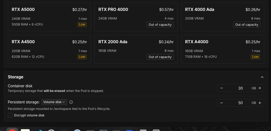 RunPodのGPU価格グリッド下段。RTX A4000(16GB)$0.25/hrなど16〜24GB帯とストレージ設定